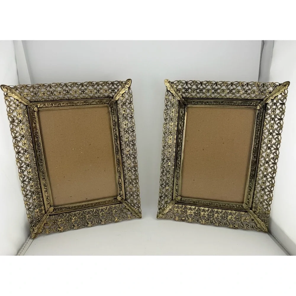 Gold Filigree Vintage Ornate Brass Photo Frame Set of 2